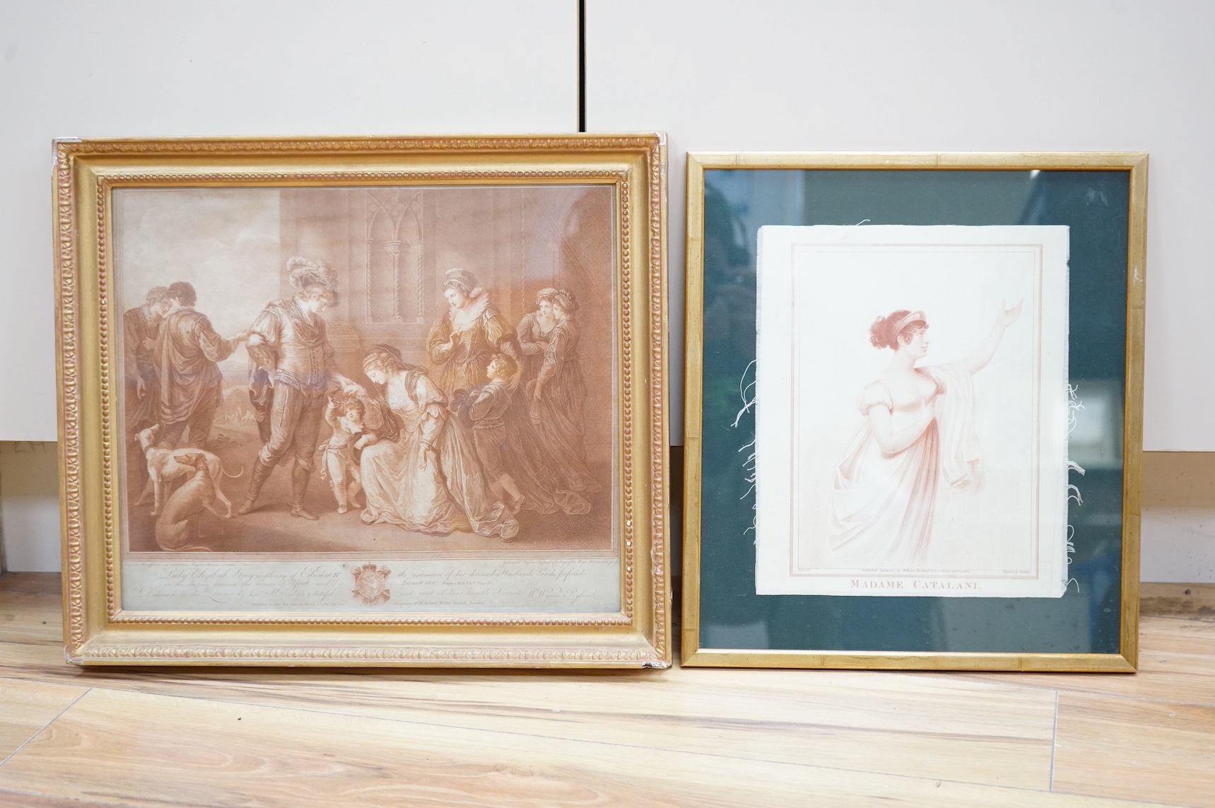 After Angelica Kauffman RA (1741-1807), sanguine engraving, 'Lady Elizabeth Grey imploring Edward VI', published March 1st 1780 together with an engraving on silk, 'Madame Catalani' published January 10th 1807 by William